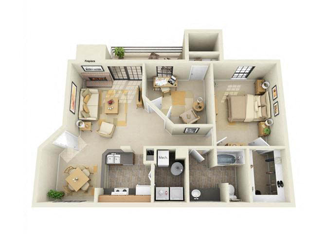 Floor plan for 2 beds, 1 bath, 885 sqft